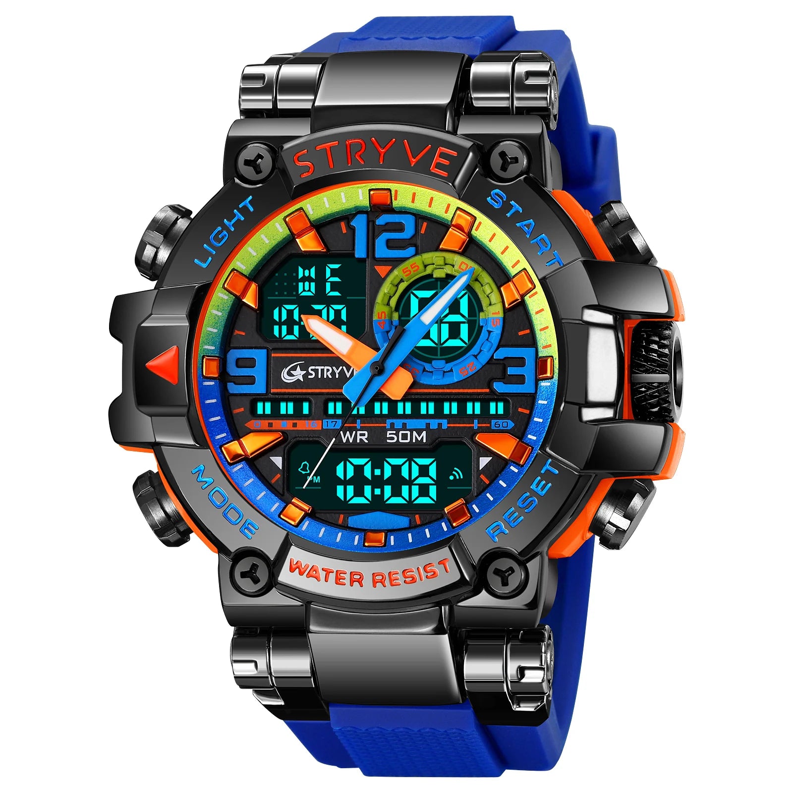 STRYVE 8025 Blue Men's Sport Watches Shock Resistant 50M Waterproof Wristwatch LED Alarm Stopwatch Clock Military Watches