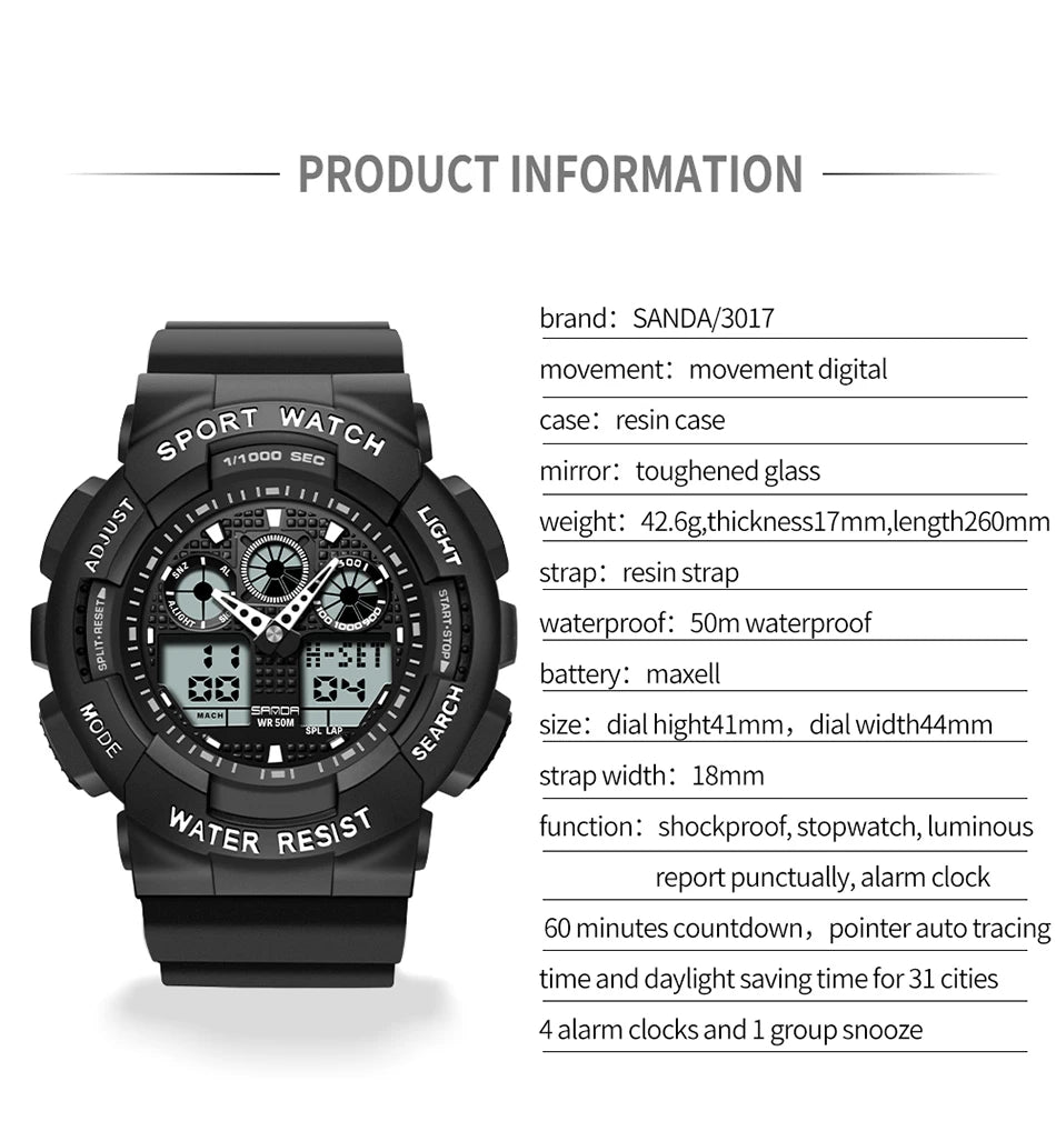 Sport Watch Men Luxury Double Time Electrconi Watches Women's Wristwatch Fashion Shockproof Stopwatch Military Sports Clock