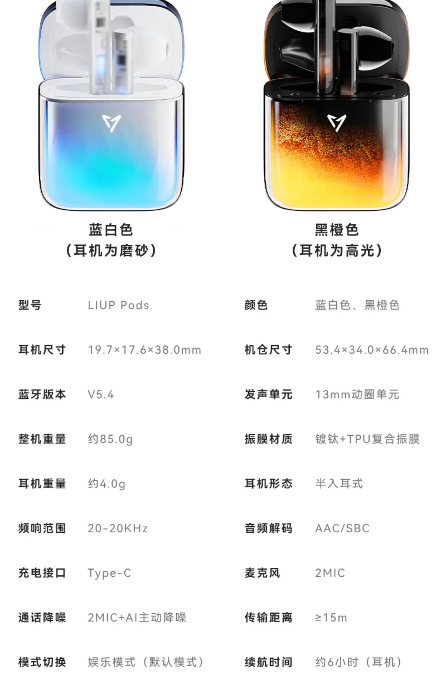 LIUP LP1 Luminous New Headphones Bluetooth Half in Ear Without Sensors Delay AI Active Noise Reduction  Dual Mode Switching Gift