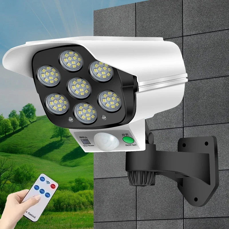 Security Dummy Camera Lamp 77 LEDs Motion Sensor Solar Night Lights Waterproof 3 Lighting Modes Home Porch Garden FloodLight