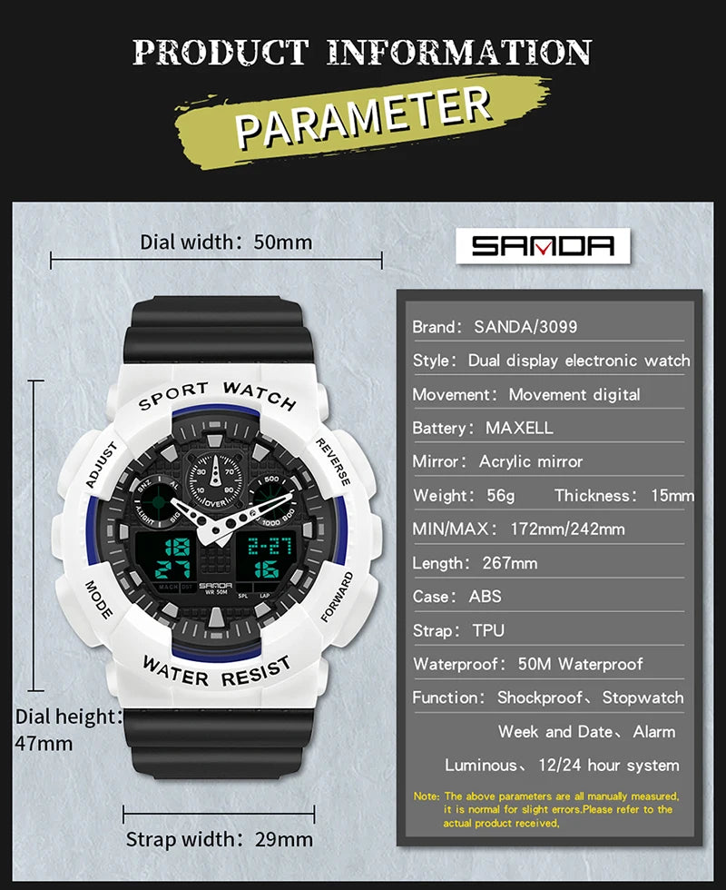 SANDA Multifunctional Sports Watch Waterproof Luminous Dual Movement Quartz Electronic Watch Fashion Couple Watch for Men Women