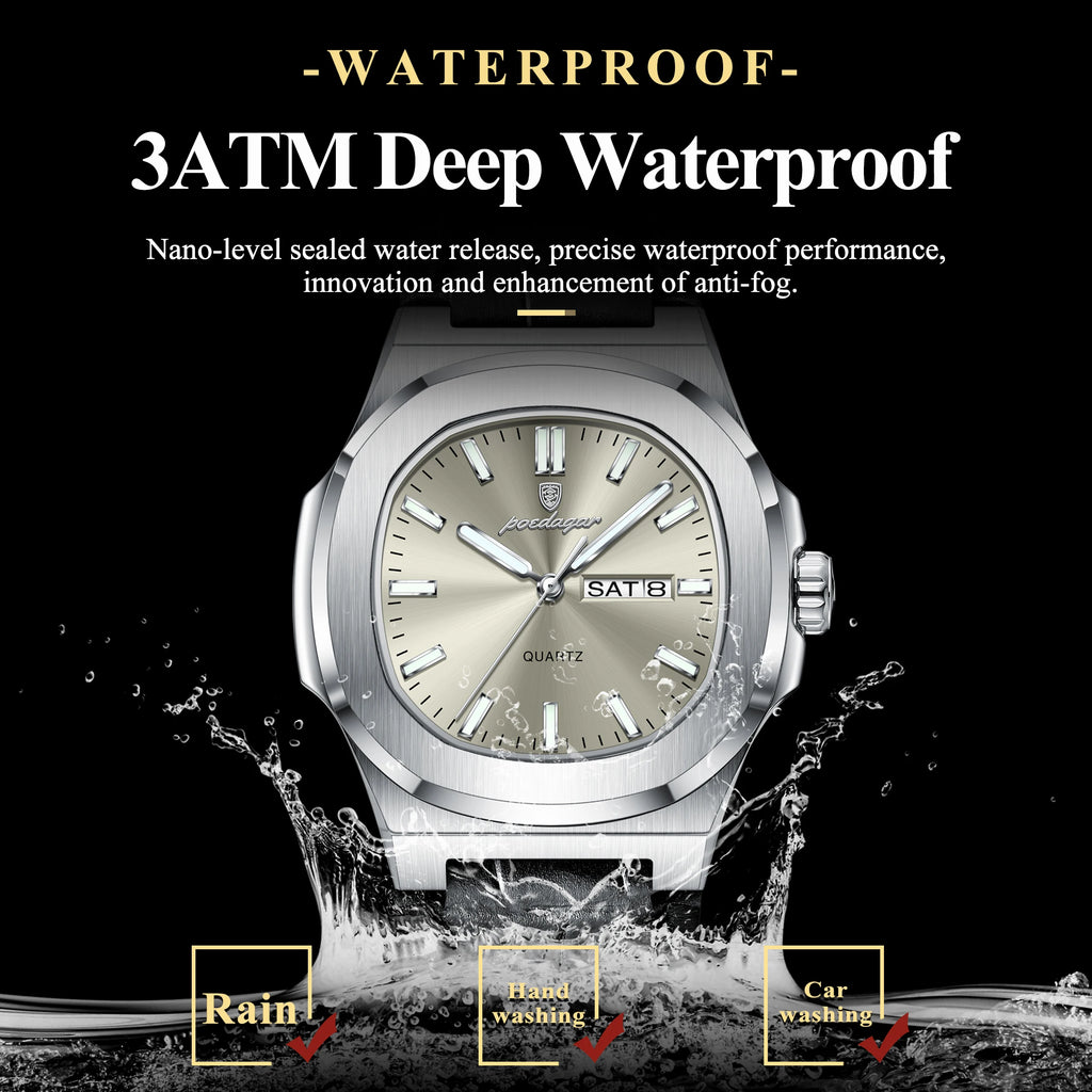 POEDAGAR High Quality Watch For Men Luxury Luminous Waterproof Week Calendar Man Clock Leather Square Men's Quartz Watches Reloj