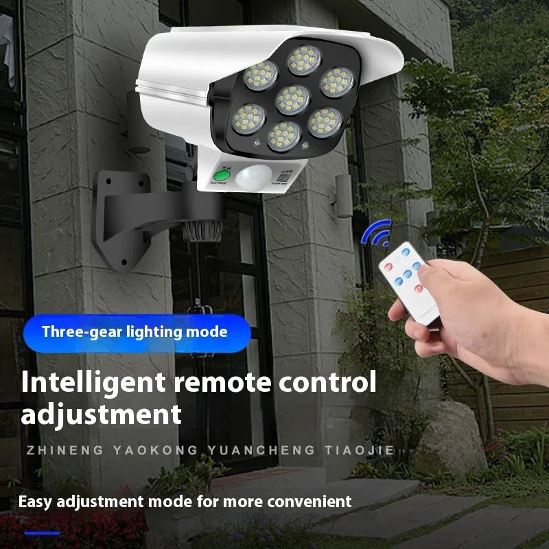 Security Dummy Camera Lamp 77 LEDs Motion Sensor Solar Night Lights Waterproof 3 Lighting Modes Home Porch Garden FloodLight