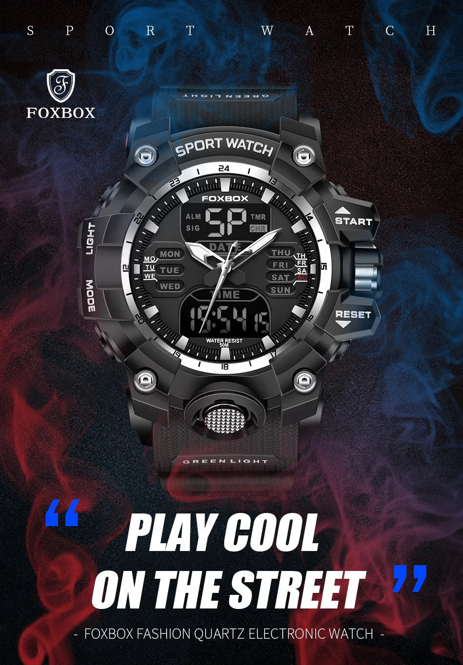 FOXBOX Waterproof Watches for Men Luxury Sport Chronograph Alarm Wristwatch Military Quartz Clock Digital Male Watch Student