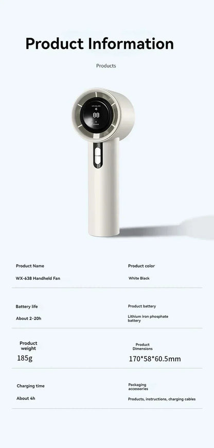 2025 Portable Turbo Handheld Fan - 100-Speed Adjustable, USB Rechargeable Mini Fan with LED for Camping, Outdoor & Travel