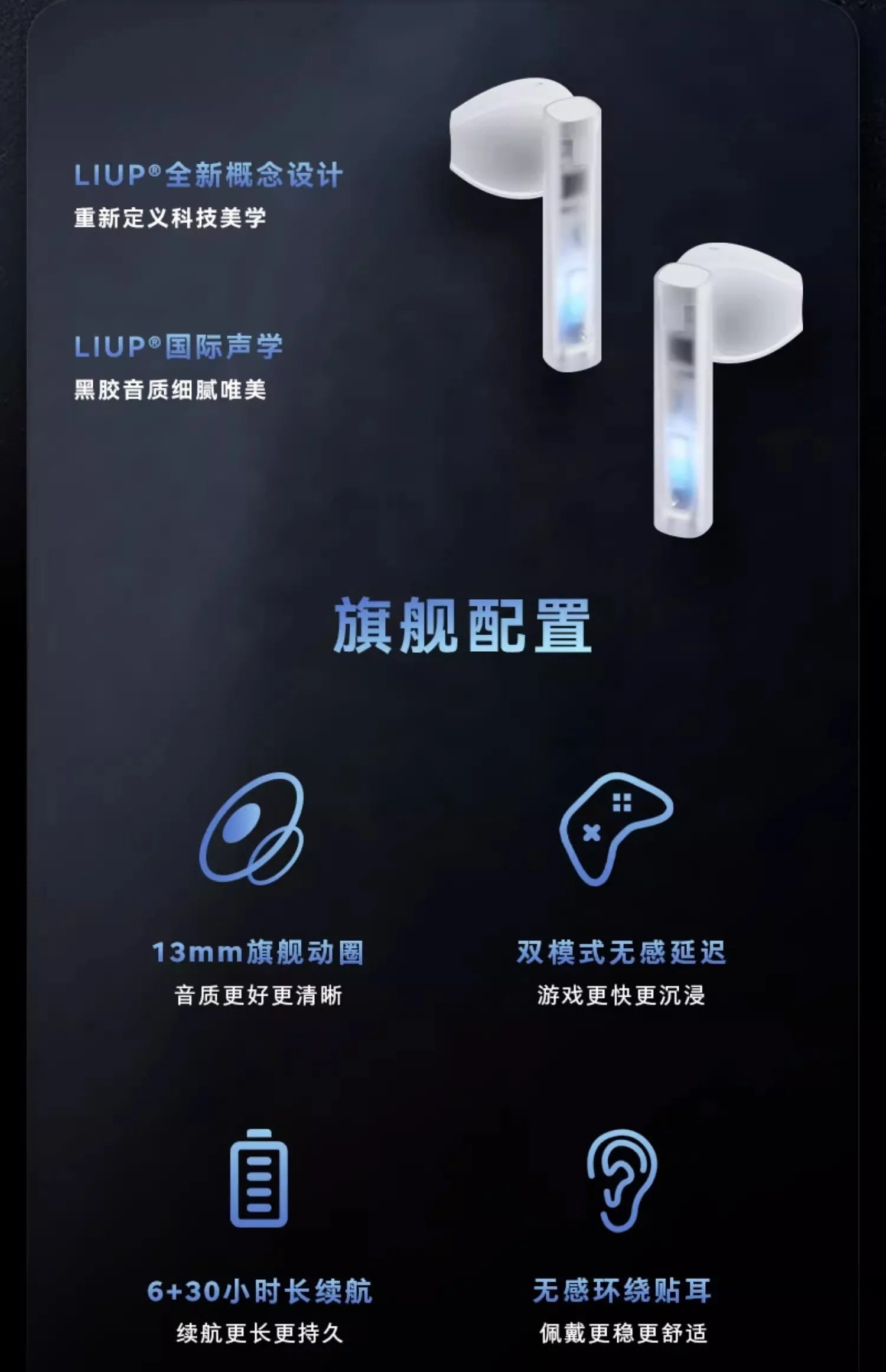 Liup Lp1 Bluetooth Wireless Earphone Luminous Quicksand Earbuds Active Noise Reduction Headphones Custom Low Latency Earphones