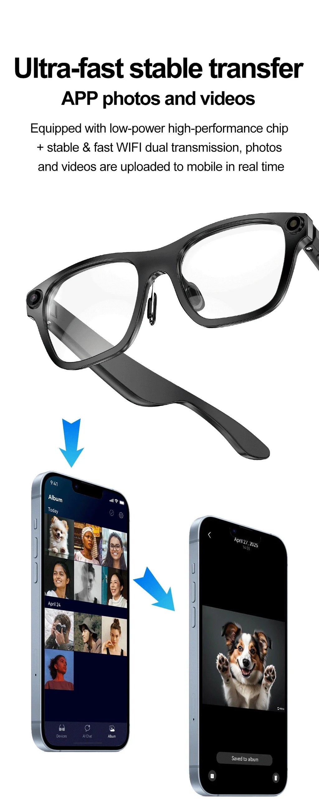 AI Smart Glasses With 5MP Camera Translation Voice Control WIFI Transmission Bluetooth Call Music Playback Intelligent Glasses