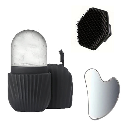 3-piece facial cleansing tool set, stainless steel heart-shaped scraping tool, ice roller, silicone facial brush