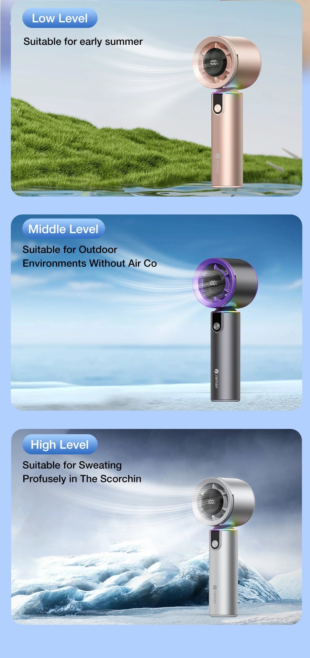 Portable Handheld Turbo Fan with LED Screen 5 Adjustable Speed Levels High Wind Cooling USB Rechargeable Summer Outdoor 4000mAh