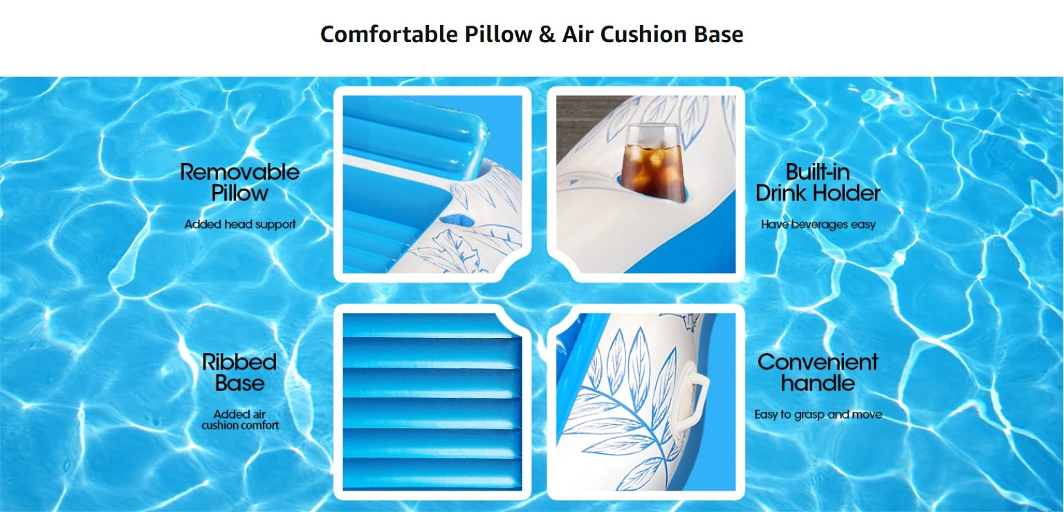 Inflatable Tanning Pool Lounger – Large (208 x 137 cm) – Premium Pool Float with Cupholders and Removeable Pillow, Palm Pattern