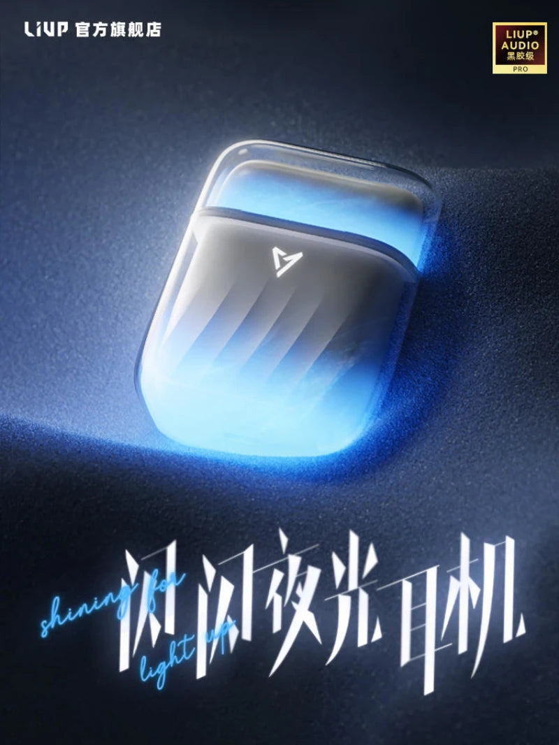 LIUP Night Light Quicksand Wireless Earphones AI Noise Reduction Luminous Transparent Glass Bluetooth 5.4 Muisc Gaming Headphone