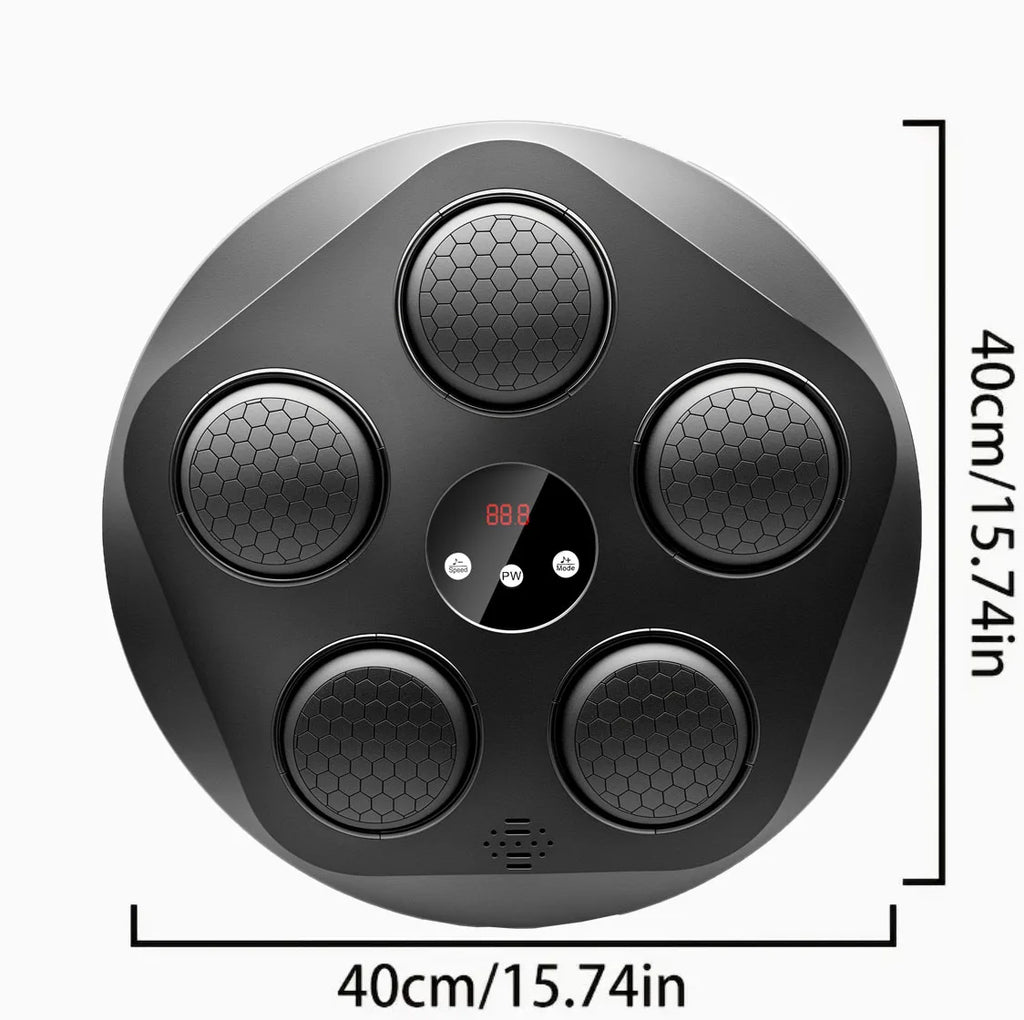 An interactive electronic boxing target with rhythmic music and lighting effects. A music boxing machine.