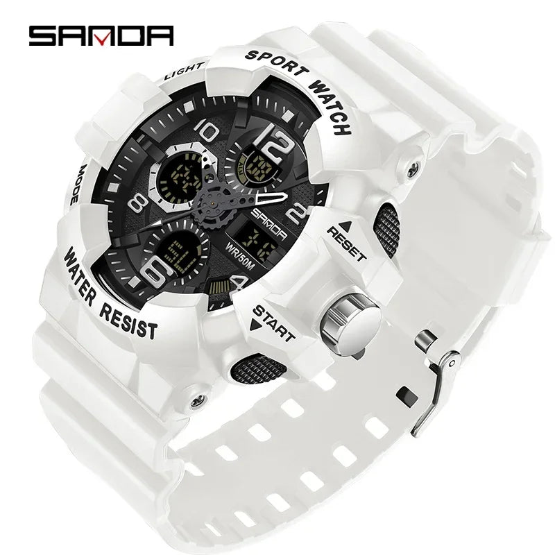 SANDA 3168 White Sport Watch  LED Digital 50M Waterproof Watch Men Multifunction Clock Relogio Masculino Men Military Watches