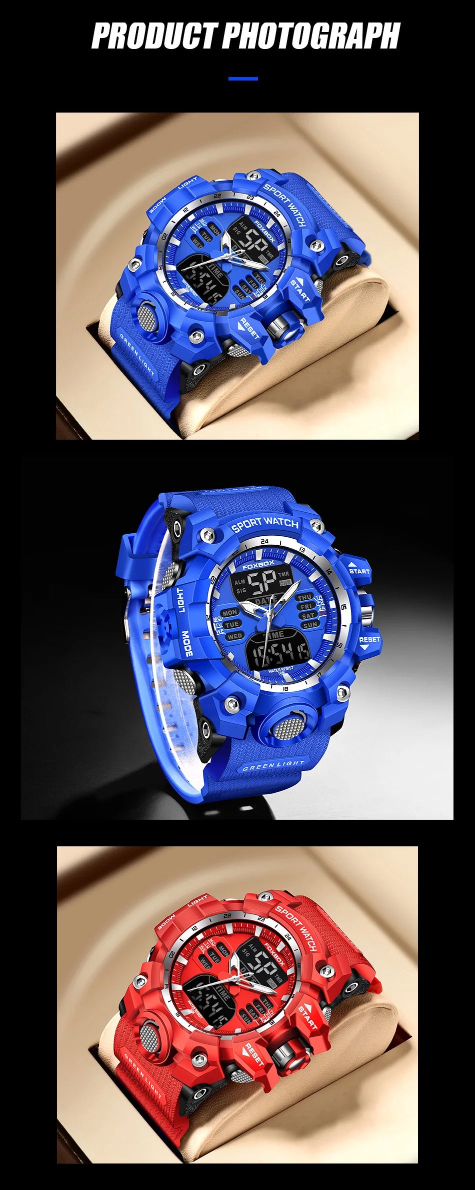 FOXBOX Waterproof Watches for Men Luxury Sport Chronograph Alarm Wristwatch Military Quartz Clock Digital Male Watch Student