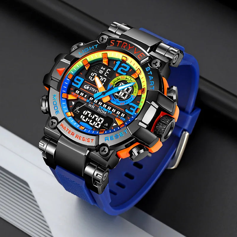 STRYVE 8025 Blue Men's Sport Watches Shock Resistant 50M Waterproof Wristwatch LED Alarm Stopwatch Clock Military Watches