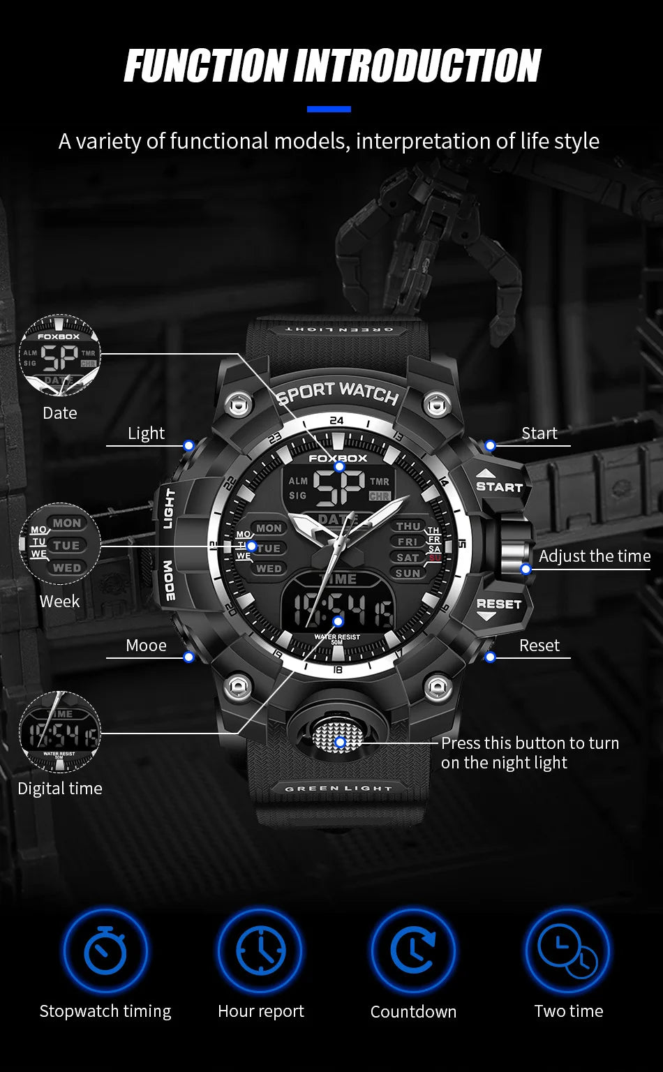 FOXBOX Waterproof Watches for Men Luxury Sport Chronograph Alarm Wristwatch Military Quartz Clock Digital Male Watch Student