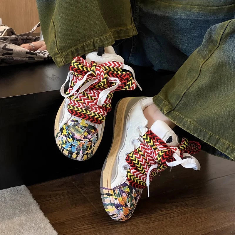 Thick Sole Mixed Colors Casual Sneakers for Men Women Fashion Round Toe Lace Up Skateboard Shoes Outdoor Breathable Couple Shoes