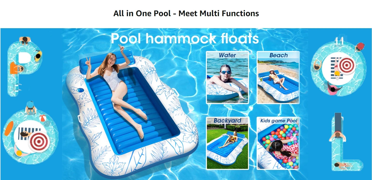 Inflatable Tanning Pool Lounger – Large (208 x 137 cm) – Premium Pool Float with Cupholders and Removeable Pillow, Palm Pattern