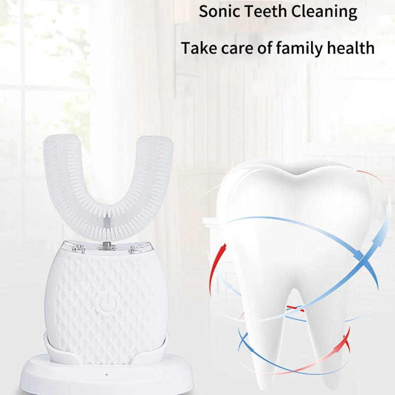 360° Ultrasonic Electric Toothbrush U Shaped for Adults Sonic Vibrations Tooth Brush with Charging Base Blue LED Light Whitening
