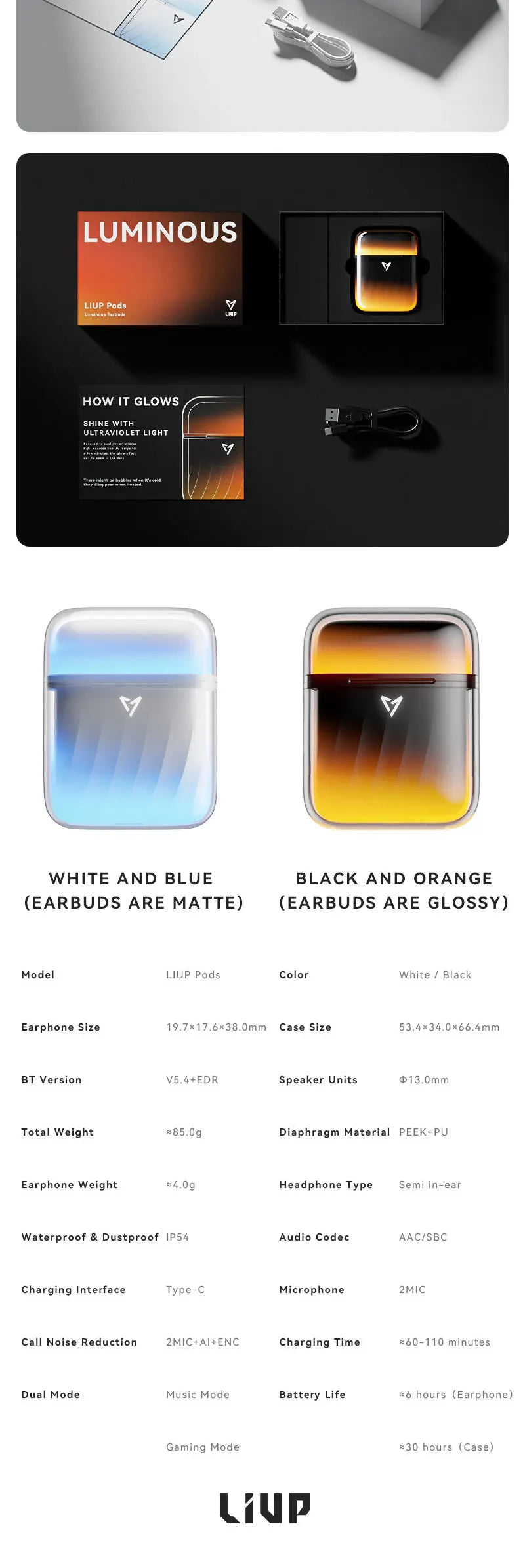 LIUP Pods LP1 luminous quicksand earphone glows in the dark. Low-delay wireless ENC noise reduction Bluetooth headset headphones