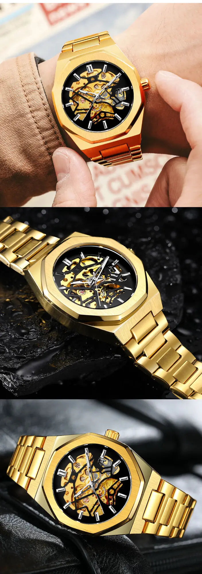 Forsining 344D Fashion Automatic Mechanical Watches for Man Transparent Skeleton Steel Strap Waterproof Luminous Men Wristwatch