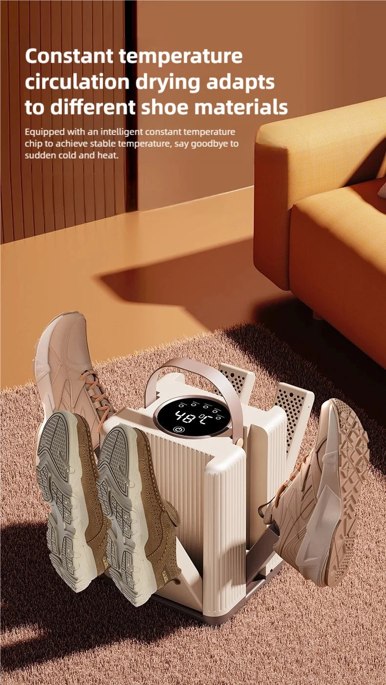 New 6-head shoe dryer can dry up to 3 pairs of shoes at a time. It quickly dries, deodorizes, disinfects, and has a smart timer