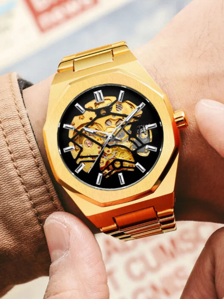 Forsining 344D Fashion Automatic Mechanical Watches for Man Transparent Skeleton Steel Strap Waterproof Luminous Men Wristwatch