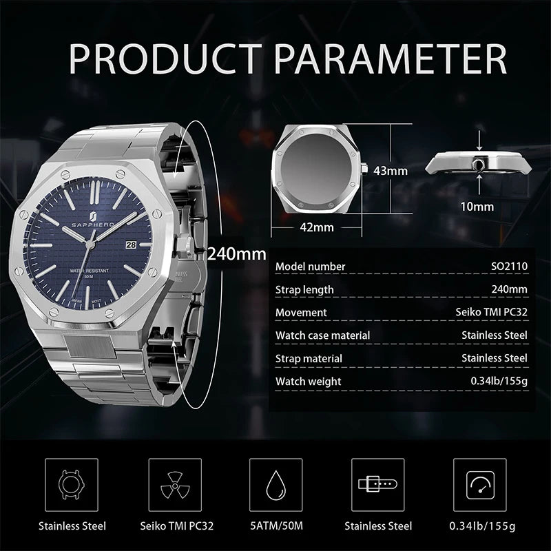 SAPPHERO Men's Watch, Stainless Steel Strap, Water-Resistant Design, Automatic Calendar, Festive Gifts, Exquisite Gift Box Clock