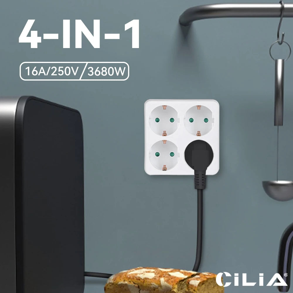 CILIA 1/2/4pcs EU Socket Extension Converter 4 Outlet Compact Square Design for Home,office  Use Travel Friendly,White