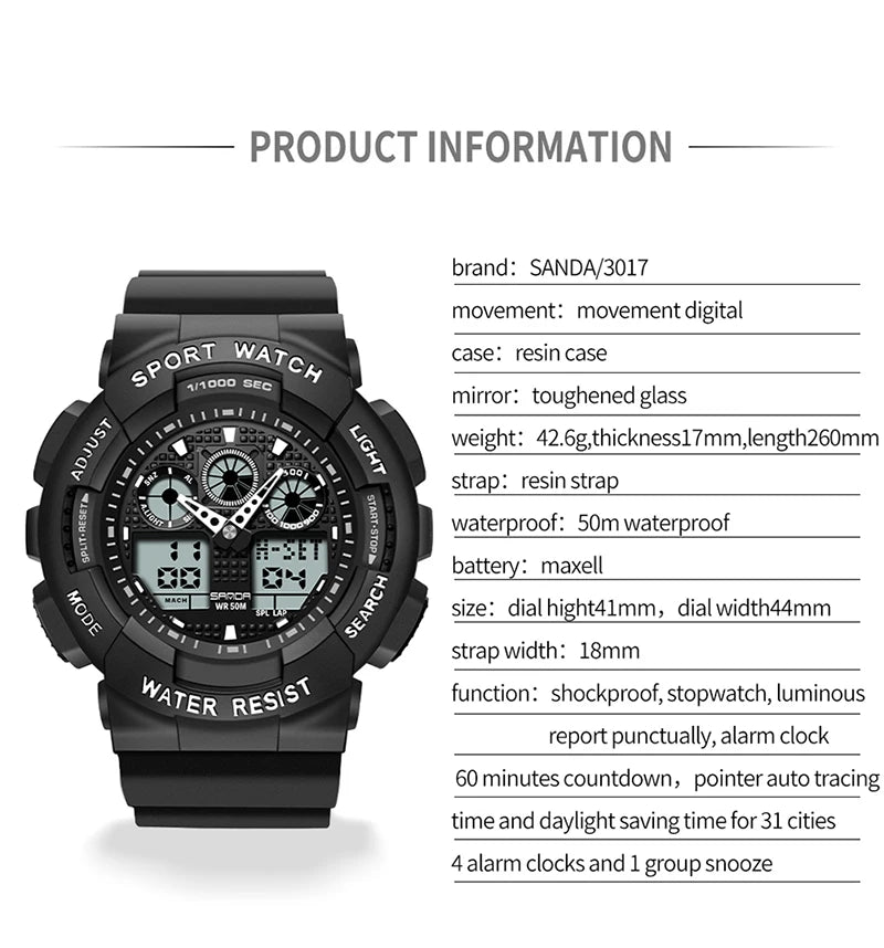 SANDA Multifunctional Sports Watch Waterproof Luminous Dual Movement Quartz Electronic Watch Fashion Couple Watch for Men Women