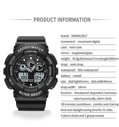 SANDA Multifunctional Sports Watch Waterproof Luminous Dual Movement Quartz Electronic Watch Fashion Couple Watch for Men Women
