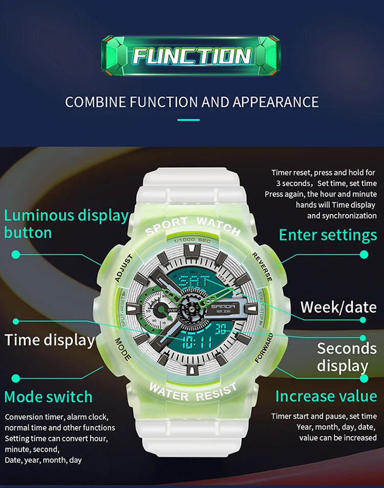 Sanda new 3029 watch luminous fashion personality Electronic Watch fluorescence watch Shell Man Watch