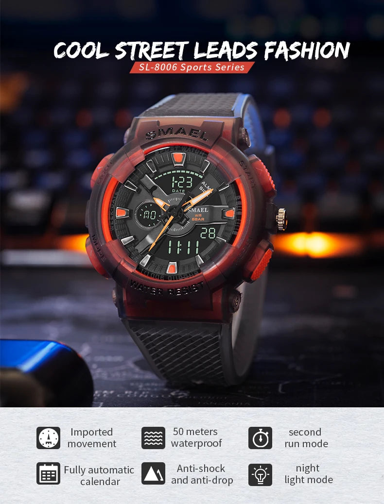 SMAEL Sport Digital Watch for Men Waterproof Sports Style Silicone Strap Stopwatch Shockproof Alarm Clock Male Quartz Wristwatch