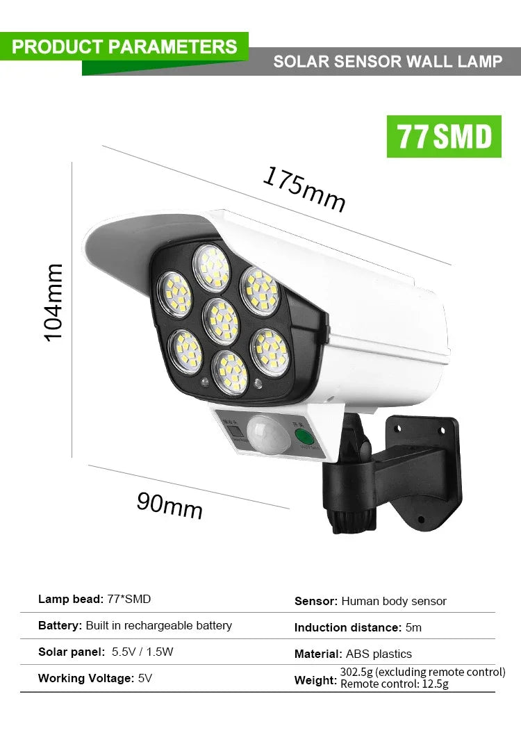 Security Dummy Camera Lamp 77 LEDs Motion Sensor Solar Night Lights Waterproof 3 Lighting Modes Home Porch Garden FloodLight