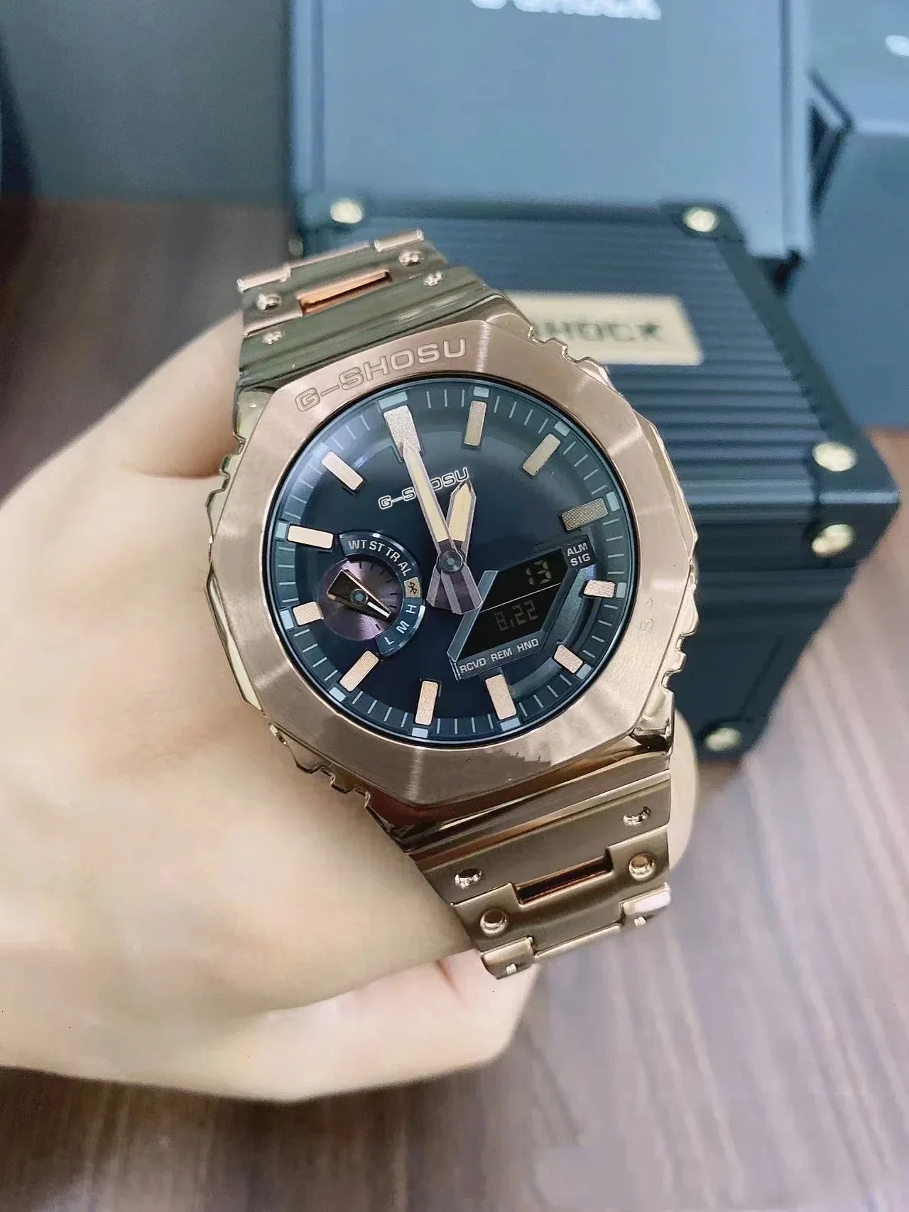 Electronic Digital Sports Unisex Watch Full Function LED Alloy Large Dial World Time Steel Strap GMB Oak Series