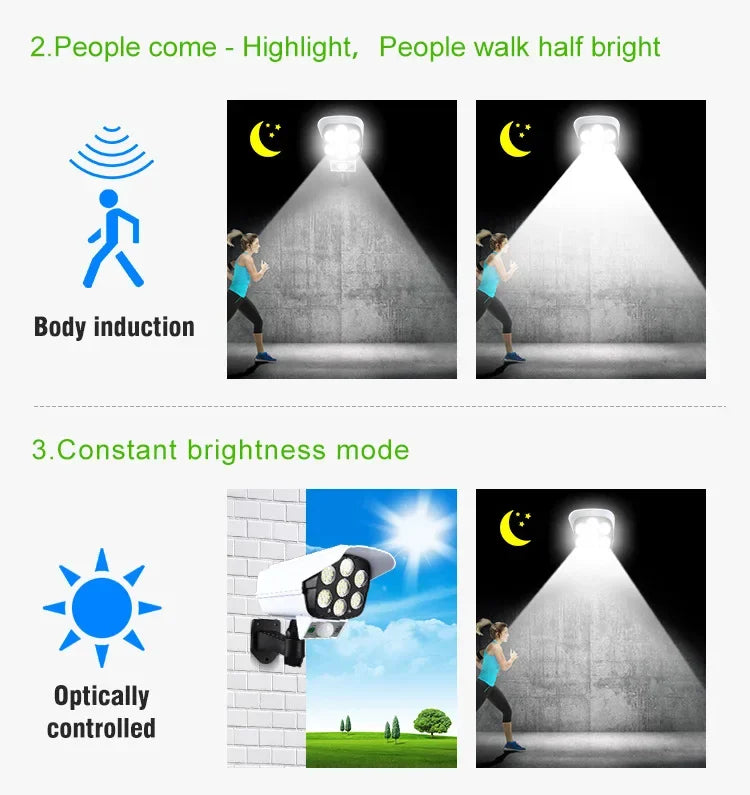 Security Dummy Camera Lamp 77 LEDs Motion Sensor Solar Night Lights Waterproof 3 Lighting Modes Home Porch Garden FloodLight