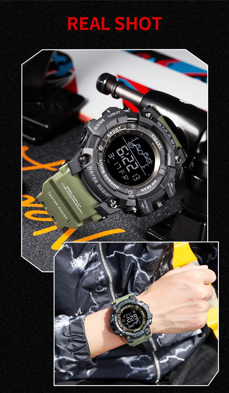 SAMEL Men Digital Watch Sport Shock Military Watches Waterproof Tactical Electronic Wristwatch Green Male Large Face Sport Clock