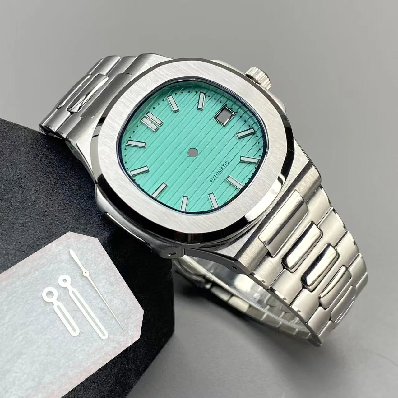 40mm NH35 Square Watch Case with Green Luminous Single Date Dial for Nautilus Style Watches Fit NH35 NH36 NH38 Movements