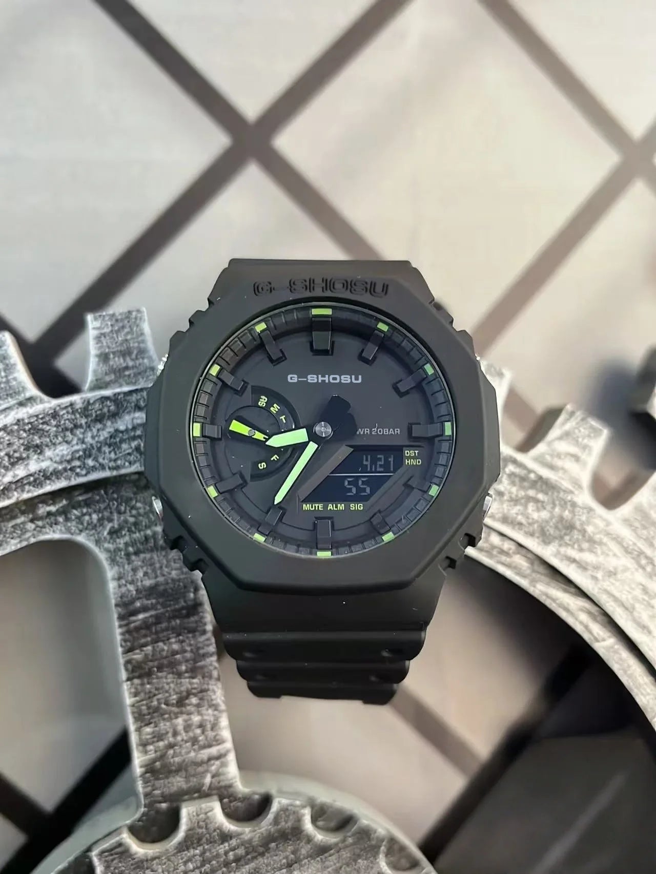 Green Black Sport Unisex Watch Full Function World Time LED Dual Display Rubber Strap Oak Luminous