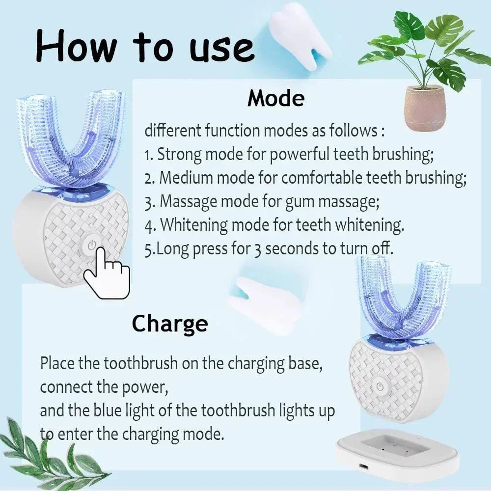 Ultrasonic Electric Toothbrush Adult,Automatic Toothbrush U-Shape Full Mouth 360° Clean Teeth Whitening IPX7 Waterproof