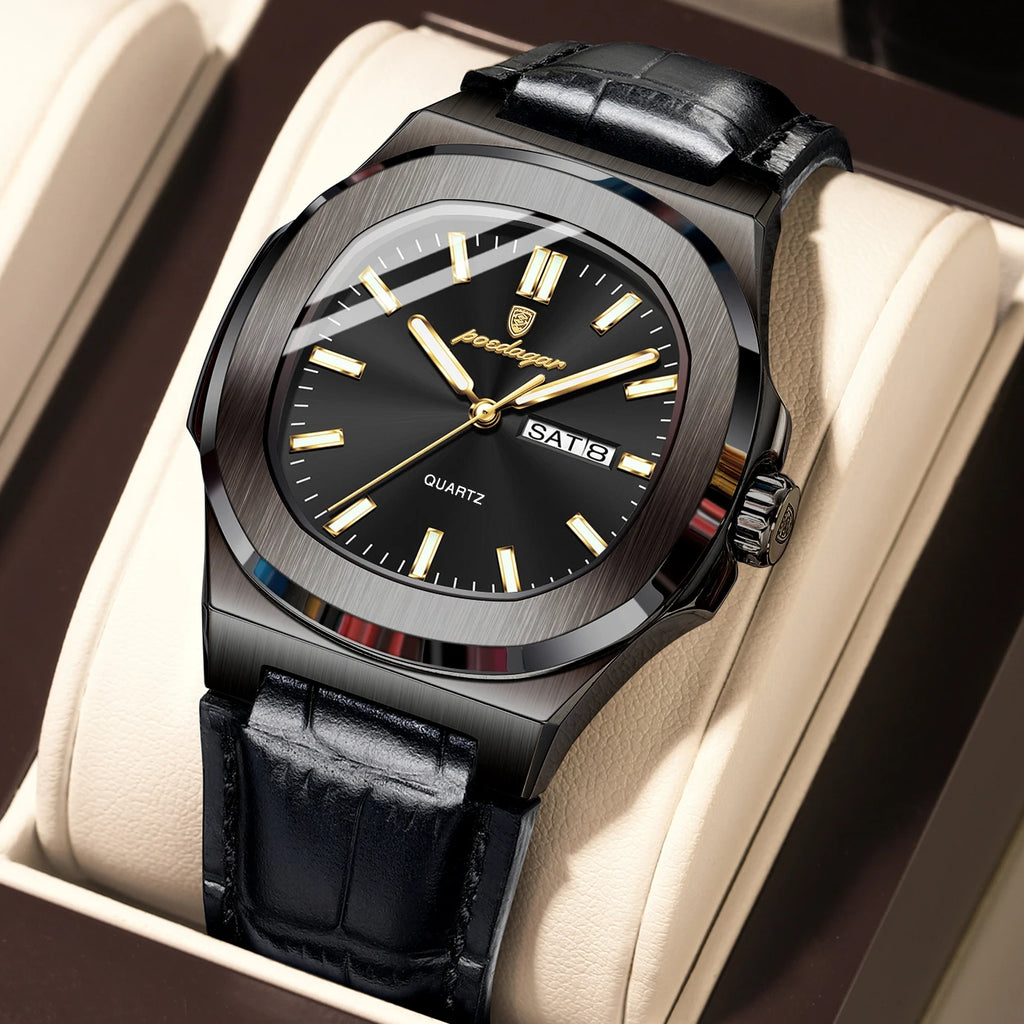 POEDAGAR High Quality Watch For Men Luxury Luminous Waterproof Week Calendar Man Clock Leather Square Men's Quartz Watches Reloj