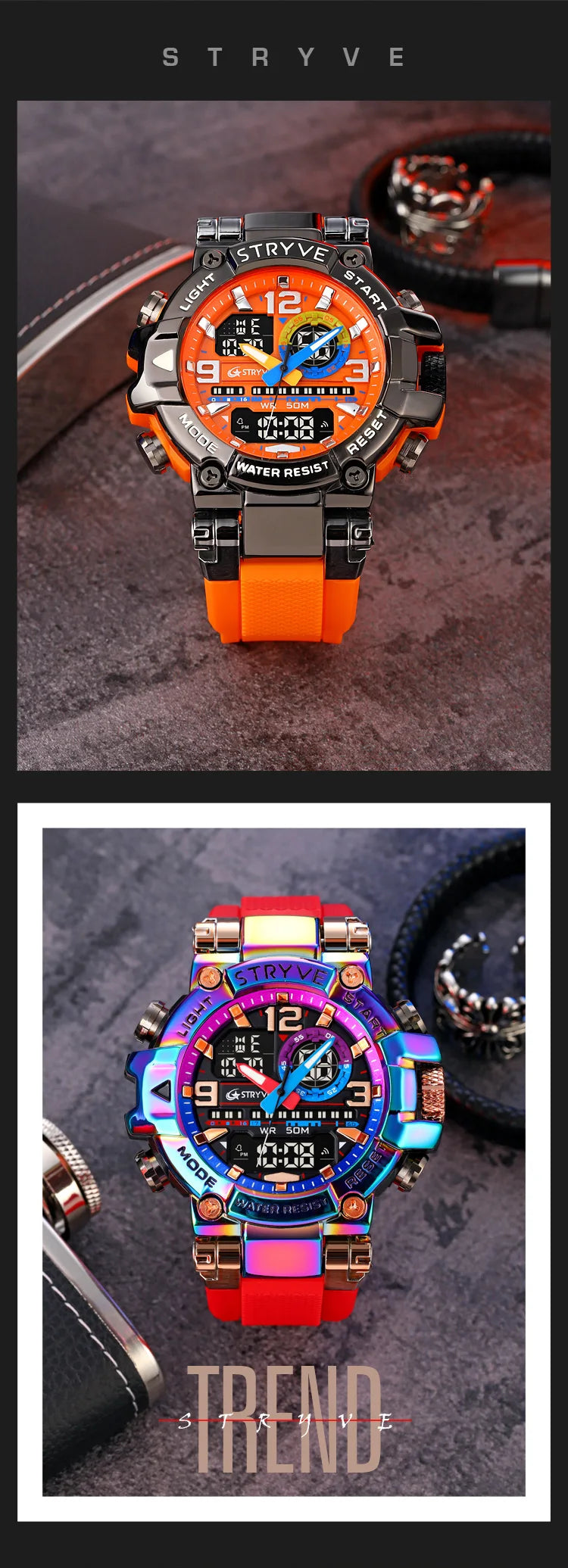 STRYVE 8025 Blue Men's Sport Watches Shock Resistant 50M Waterproof Wristwatch LED Alarm Stopwatch Clock Military Watches