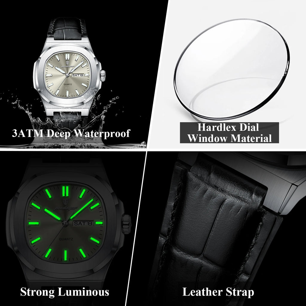 POEDAGAR High Quality Watch For Men Luxury Luminous Waterproof Week Calendar Man Clock Leather Square Men's Quartz Watches Reloj