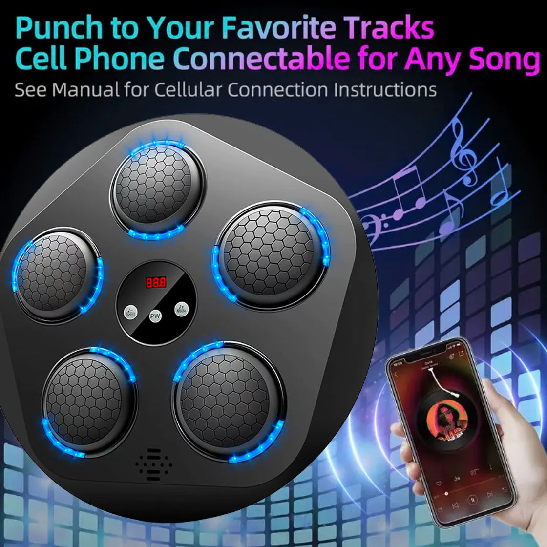 An interactive electronic boxing target with rhythmic music and lighting effects. A music boxing machine.