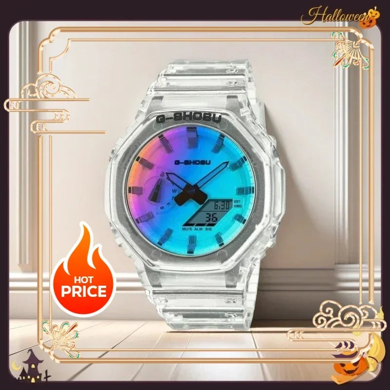 Comic Sport Electronic Unisex Watch LED World Time Automatic Hand Lift Light Dual Display