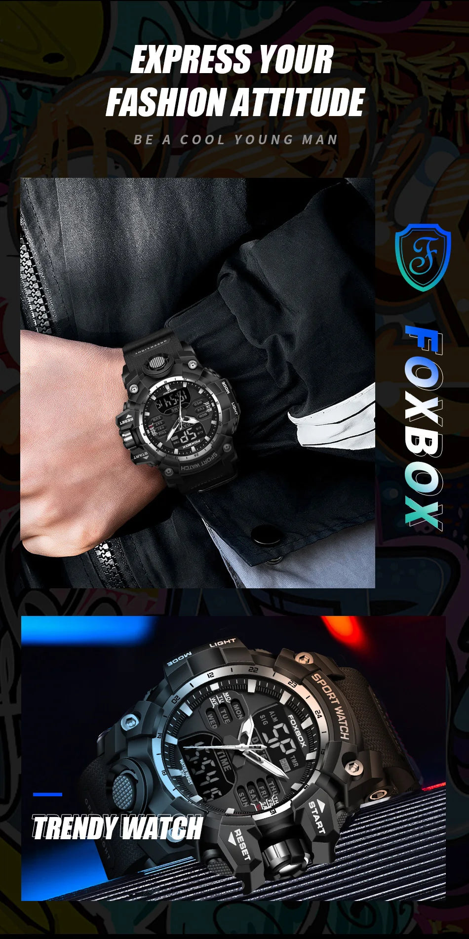 FOXBOX Waterproof Watches for Men Luxury Sport Chronograph Alarm Wristwatch Military Quartz Clock Digital Male Watch Student