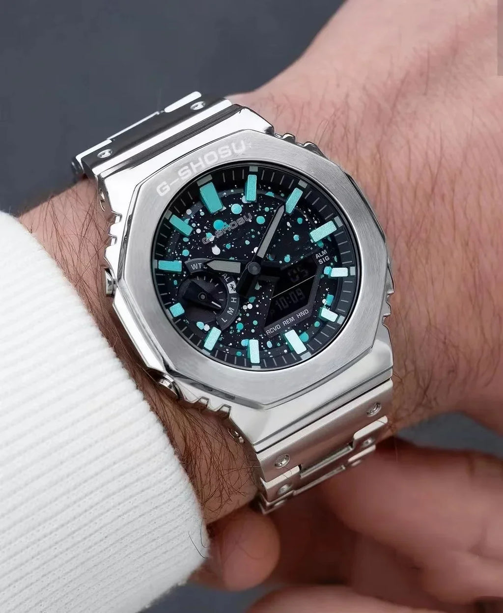 Digital Sports Electronic Unisex Watch Full Function LED Alloy Large Dial World Time Steel Strap GMB Oak Series