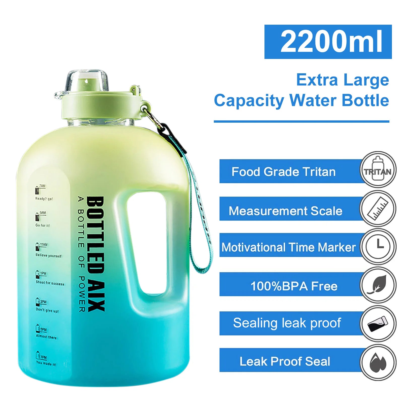 2200ML Large Capacity Water Bottle Gradient Color Time Marker with Handle Strap Wide Mouth Opening Outdoor Sport Fitness Gym Cup