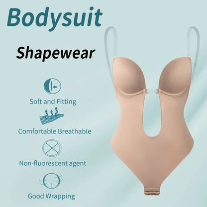Women Shapers Underwear Backless Bodysuit Shapewear M L XL Deep V-Neck Body U Plunge Clear Strap Padded Push Up Corset