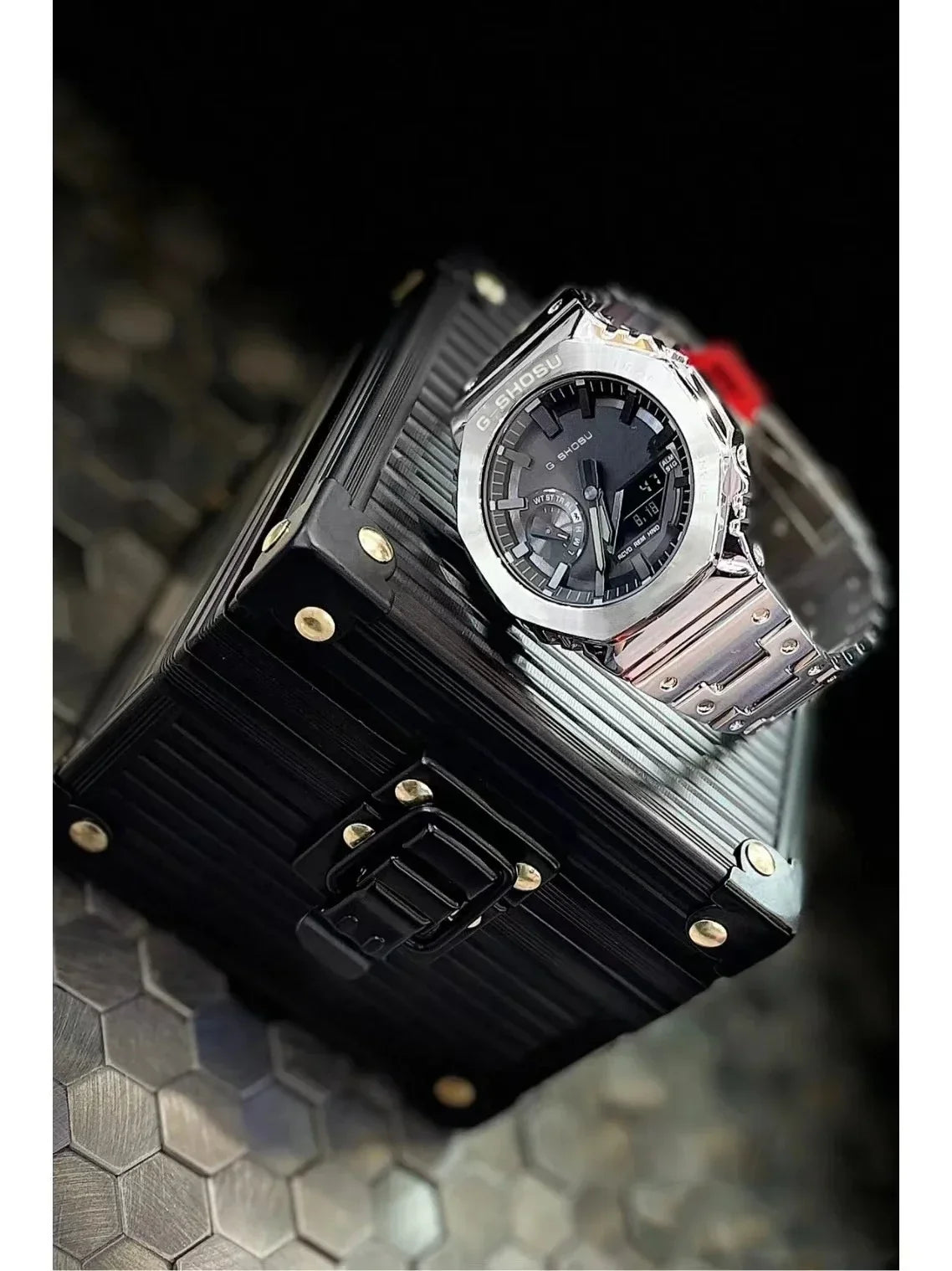 Electronic Digital Sports Unisex Watch Full Function LED Alloy Large Dial World Time Steel Strap GMB Oak Series